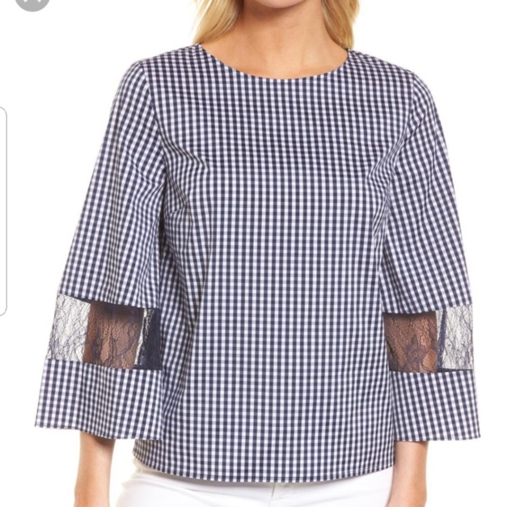 Chelsea28 Nordstrom Blue Gingham Lace Bell Sleeves